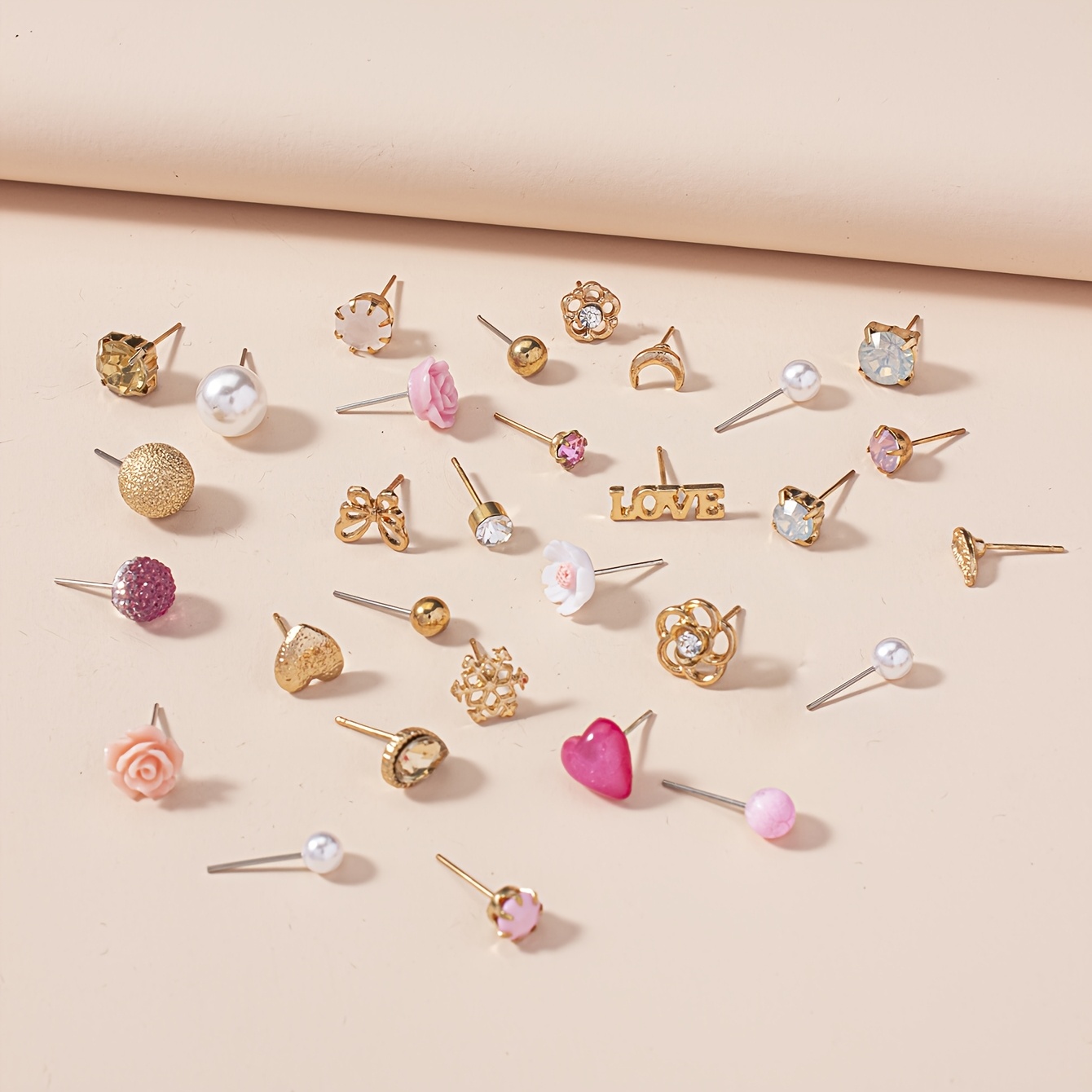 60pcs Rose Flower & Rhinestone Earrings Set, Women's Ear Studs